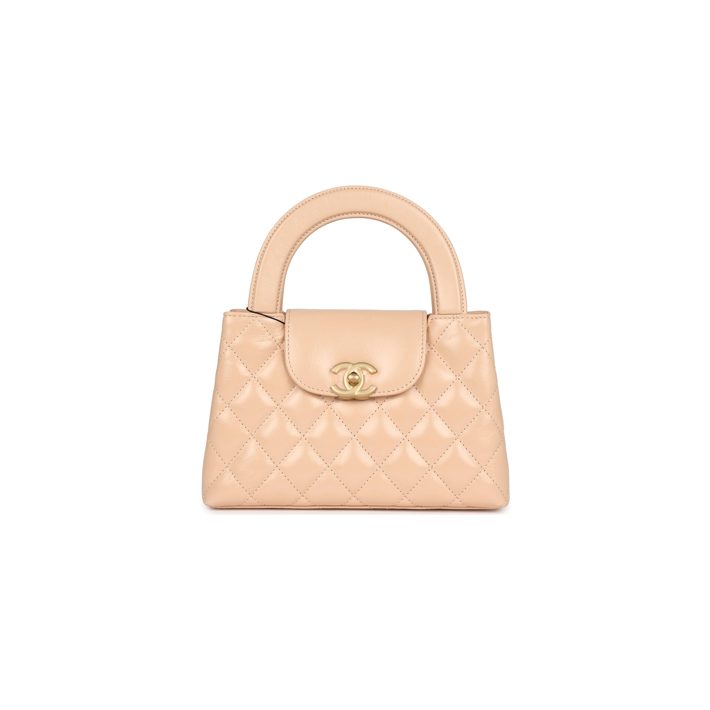 CHANEL KELLY SHOPPER BEIGE SHINY CALFSKIN BRUSHED GOLD HARDWARE AS4416 (19*13*7cm)